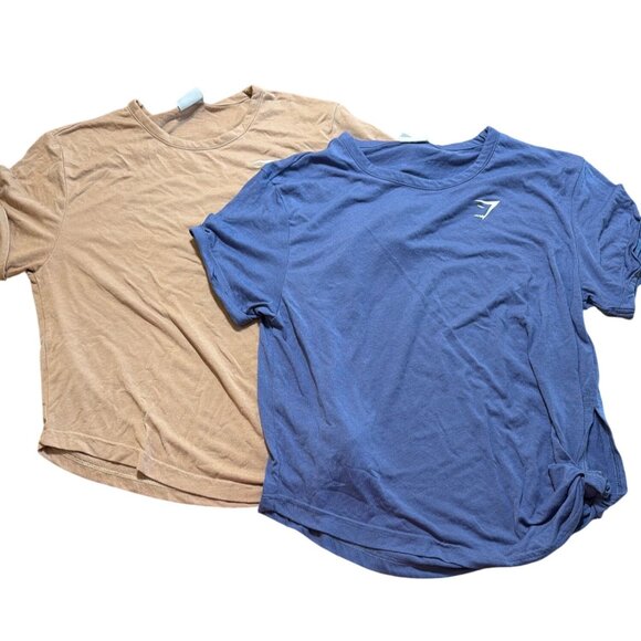 Gymshark Tops - 2 Gymshark Womens Short Sleeve Shirts Slit Tie Side Tan Blue Cuff Sleeve Sz M